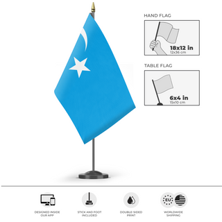 A mockup of the custom flag 'Flag of Uyghurs' as a desk flag and small hand waving flag