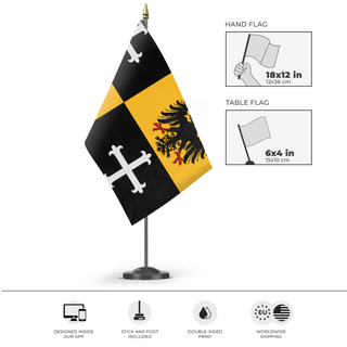 A mockup of the custom flag 'H.R.E Quarter Style  flag' as a desk flag and small hand waving flag