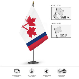 A mockup of the custom flag 'Canadian Flag' as a desk flag and small hand waving flag