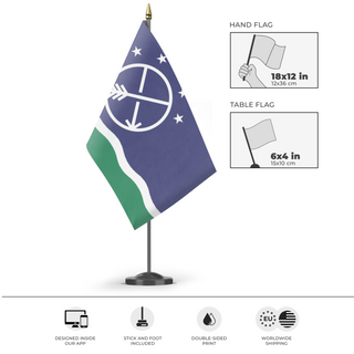 A mockup of the custom flag 'Great Lakes Government Flag' as a desk flag and small hand waving flag