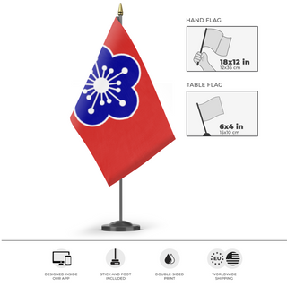 A mockup of the custom flag 'Guangzhou Government Civil War Flag' as a desk flag and small hand waving flag