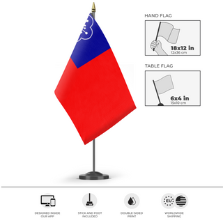 A mockup of the custom flag 'Guangzhou Government Republic Flag' as a desk flag and small hand waving flag
