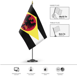 A mockup of the custom flag 'Ratufi flag' as a desk flag and small hand waving flag