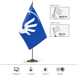 A mockup of the custom flag 'Flag of the Earth and Humanity' as a desk flag and small hand waving flag