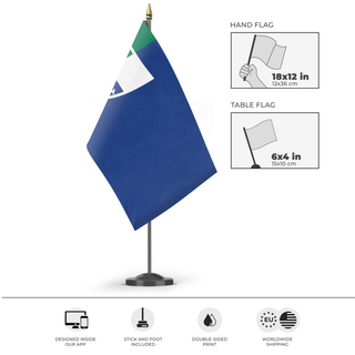 A mockup of the custom flag 'Merovian Flag' as a desk flag and small hand waving flag