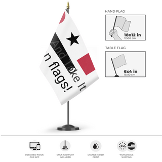 A mockup of the custom flag 'test flag' as a desk flag and small hand waving flag