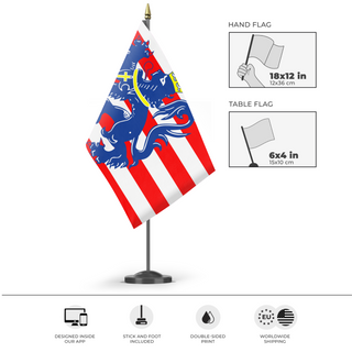 A mockup of the custom flag 'Flag of Bruges' as a desk flag and small hand waving flag