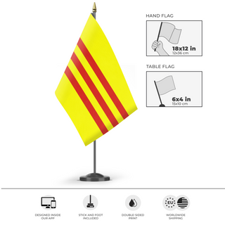 A mockup of the custom flag 'State of Vietnam flag' as a desk flag and small hand waving flag