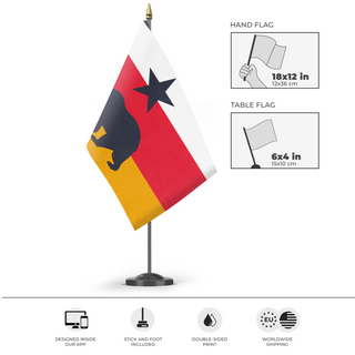 A mockup of the custom flag 'Pacific States Bear flag' as a desk flag and small hand waving flag