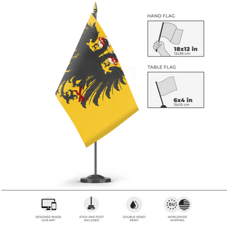 A mockup of the custom flag 'H.R.E HD flag' as a desk flag and small hand waving flag
