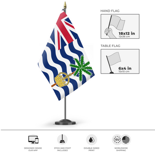 A mockup of the custom flag 'Flag of British Indian Ocean Territory' as a desk flag and small hand waving flag