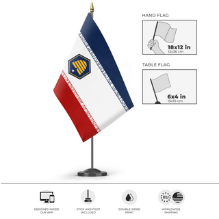 A mockup of the custom flag 'Utah Flag in Style of Iran' as a desk flag and small hand waving flag