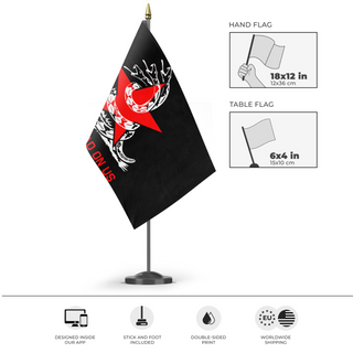 A mockup of the custom flag 'Lib-Soc Gadsden flag' as a desk flag and small hand waving flag