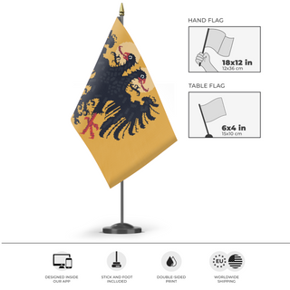 A mockup of the custom flag 'Pixel Art Roman Empire flag' as a desk flag and small hand waving flag