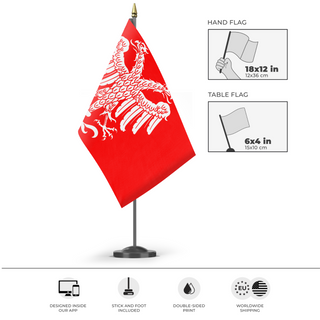 A mockup of the custom flag 'Heraldic Double-Headed Eagle flag' as a desk flag and small hand waving flag