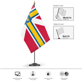 A mockup of the custom flag 'Scandinavian Commonwealth flag' as a desk flag and small hand waving flag