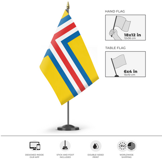 A mockup of the custom flag 'United Scandinavia flag' as a desk flag and small hand waving flag