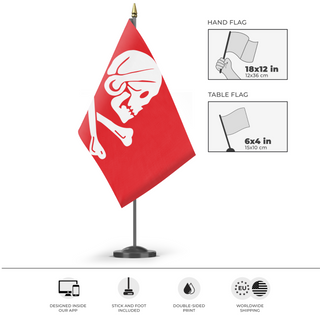 A mockup of the custom flag 'Henry Thew Pirate flag' as a desk flag and small hand waving flag
