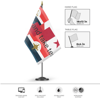 A mockup of the custom flag 'test flag' as a desk flag and small hand waving flag