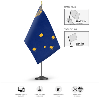 A mockup of the custom flag 'Sandania National Flag' as a desk flag and small hand waving flag