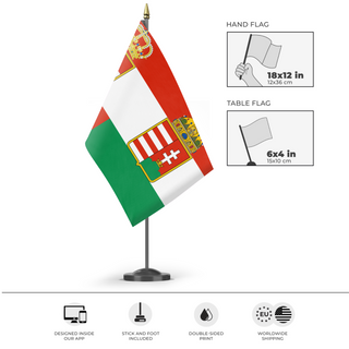 A mockup of the custom flag 'Austria Hungary  flag' as a desk flag and small hand waving flag