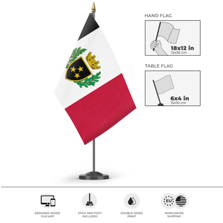 A mockup of the custom flag 'Tricolor City-State flag' as a desk flag and small hand waving flag