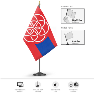 A mockup of the custom flag 'Red Earth flag' as a desk flag and small hand waving flag