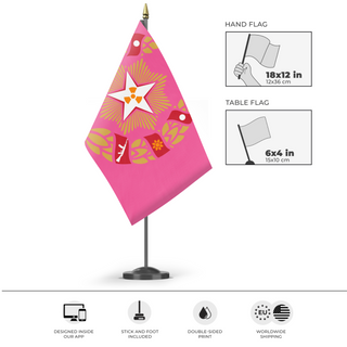 A mockup of the custom flag 'Thempirial Pookienian flag' as a desk flag and small hand waving flag