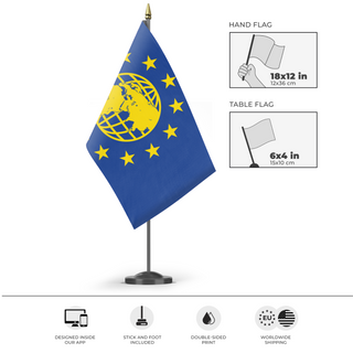 A mockup of the custom flag 'World Government flag' as a desk flag and small hand waving flag