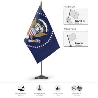 A mockup of the custom flag 'Union of America flag' as a desk flag and small hand waving flag