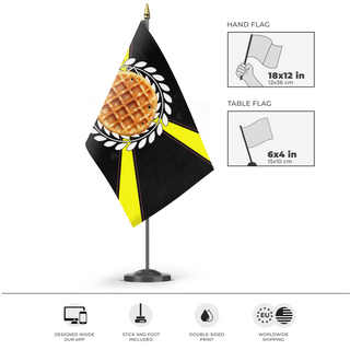 A mockup of the custom flag 'Adam Waffle Division flag' as a desk flag and small hand waving flag