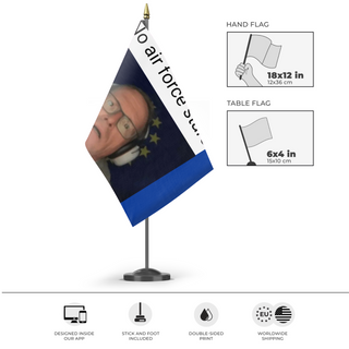 A mockup of the custom flag 'No Air Force flag' as a desk flag and small hand waving flag