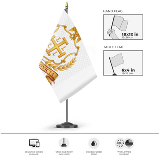 A mockup of the custom flag 'fds flag' as a desk flag and small hand waving flag