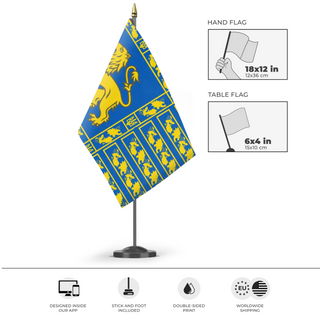 A mockup of the custom flag 'Flag of Ukraine in the style of Venice' as a desk flag and small hand waving flag