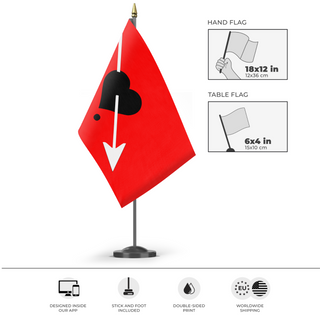 A mockup of the custom flag 'Bleeding Heart PPirate Flag' as a desk flag and small hand waving flag