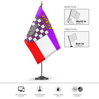 A mockup of the custom flag 'United Duchies of Jasonia flag' as a desk flag and small hand waving flag