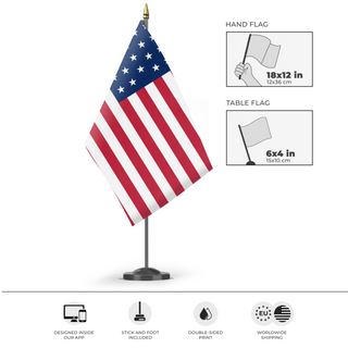 A mockup of the custom flag '34 Star U.S  flag' as a desk flag and small hand waving flag