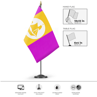 A mockup of the custom flag 'Manzania flag' as a desk flag and small hand waving flag