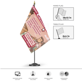 A mockup of the custom flag 'CB Flag' as a desk flag and small hand waving flag
