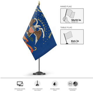A mockup of the custom flag '1st Colored Regiment Infantry flag' as a desk flag and small hand waving flag