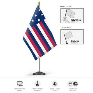 A mockup of the custom flag 'Franklin-Adams United States flag' as a desk flag and small hand waving flag