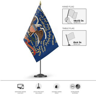 A mockup of the custom flag '1st Kansas Regiment Cavalry flag' as a desk flag and small hand waving flag