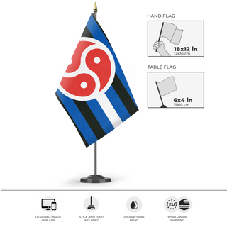 A mockup of the custom flag 'BDSM Pride Flag' as a desk flag and small hand waving flag