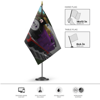 A mockup of the custom flag 'maya flag' as a desk flag and small hand waving flag