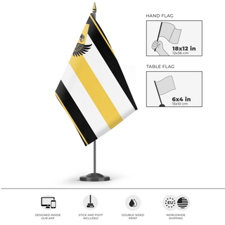 A mockup of the custom flag 'Empire of Belka WW1 flag' as a desk flag and small hand waving flag
