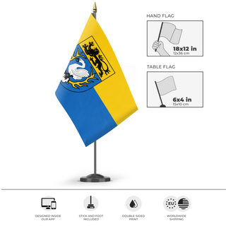 A mockup of the custom flag 'Flag of Aachen' as a desk flag and small hand waving flag