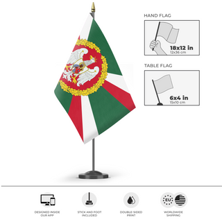 A mockup of the custom flag 'Polish Empire Flag' as a desk flag and small hand waving flag