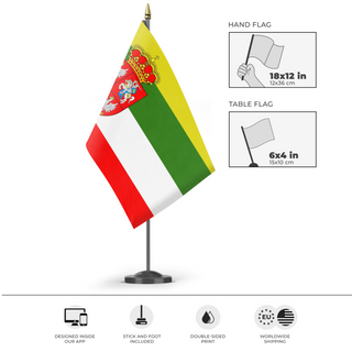 A mockup of the custom flag 'Modern Poland Lithuania flag' as a desk flag and small hand waving flag