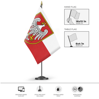 A mockup of the custom flag 'Heraldic Polish Eagle flag' as a desk flag and small hand waving flag