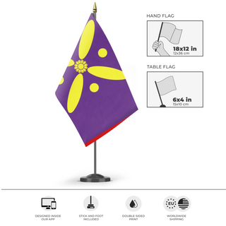 A mockup of the custom flag 'Sassanid Empire flag' as a desk flag and small hand waving flag